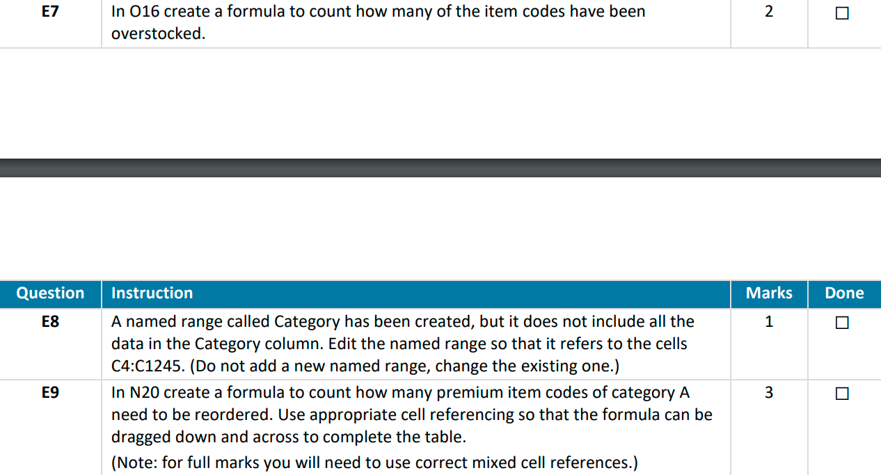  E7 2 O In 016 create a formula to count how
