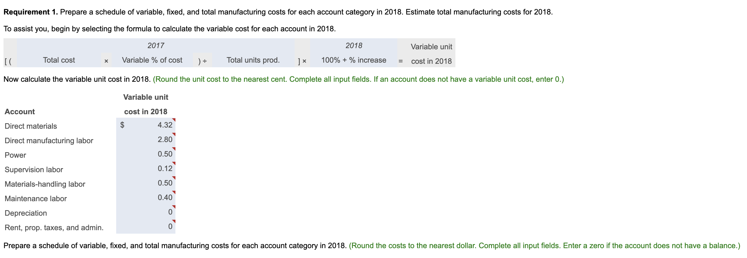 of product in 2017. Gower's management is estimating costs for 2018 on