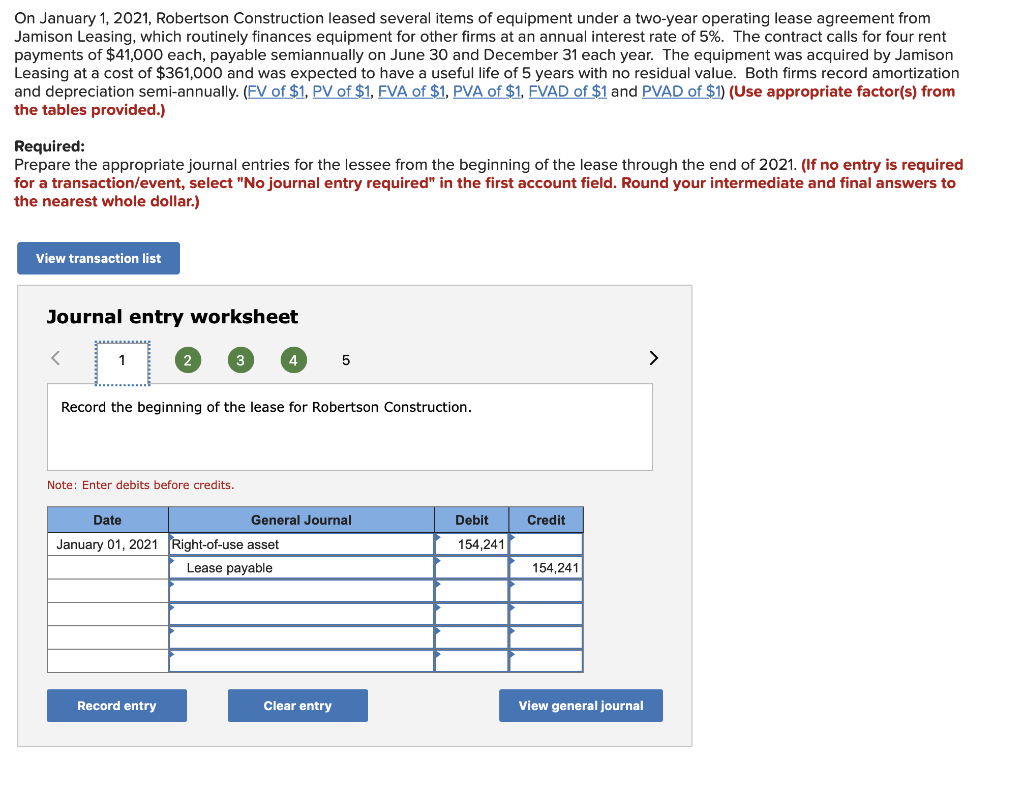  1.) Record the journal entry for the beginning for the lease