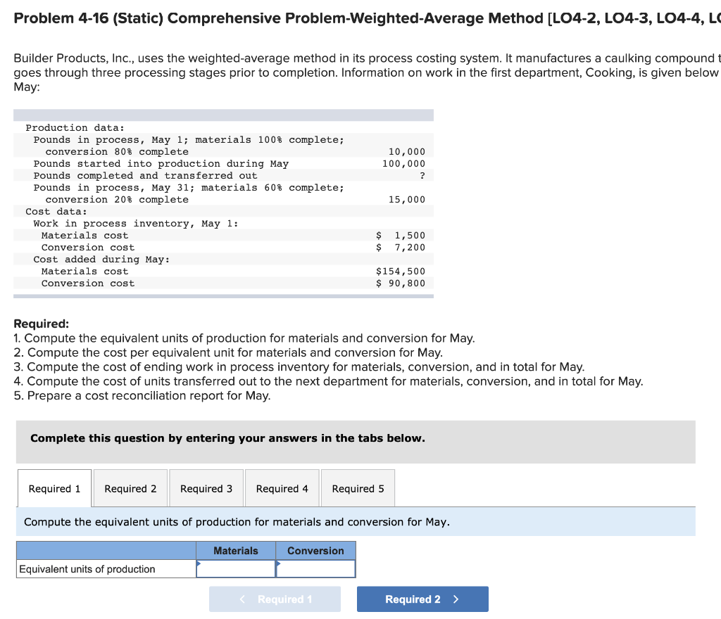  Problem 4-16 (Static) Comprehensive Problem-Weighted-Average Method [LO4-2, LO4-3, LO4-4, L Builder