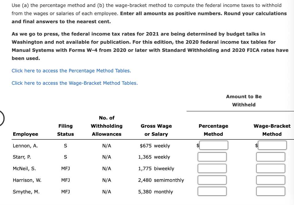  Use (a) the percentage method and (b) the wage-bracket method to