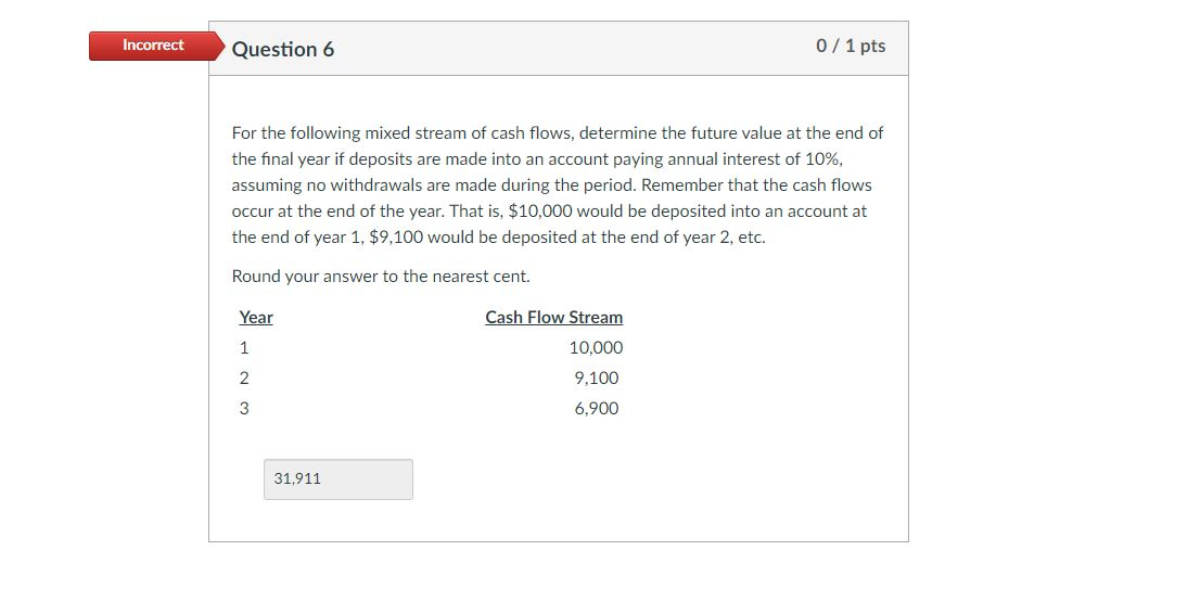  Incorrect Question 6 0/1 pts For the following mixed stream of