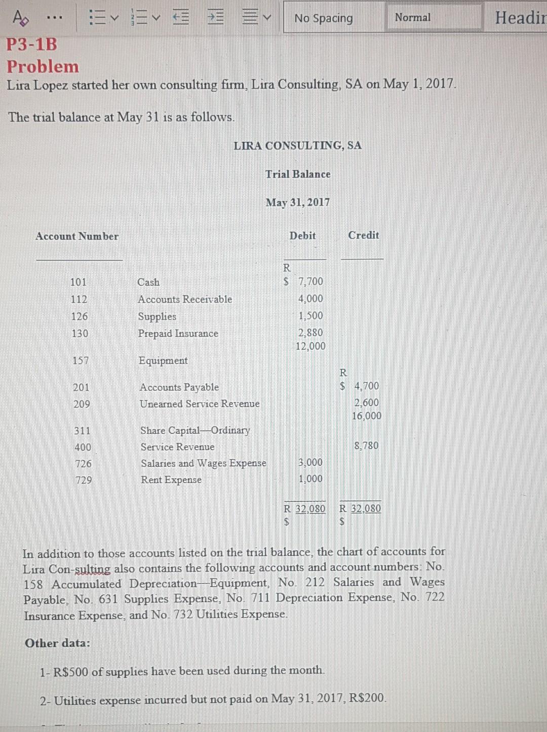 .. Normal Headir A. :v Ev Ev No Spacing P3-1B Problem