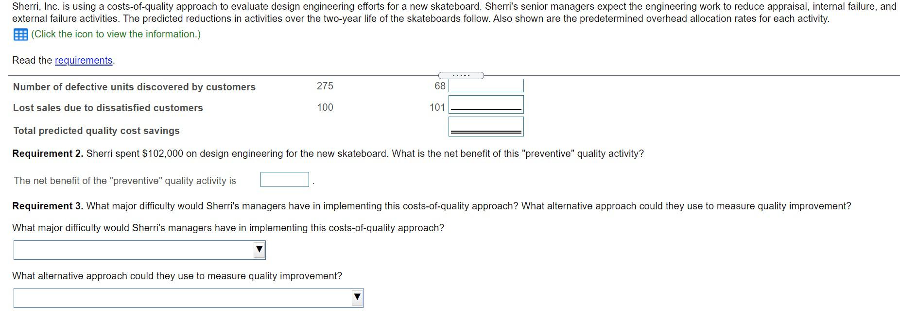 cost savings from the design engineering work. 2. Sherri spent $102,000 on