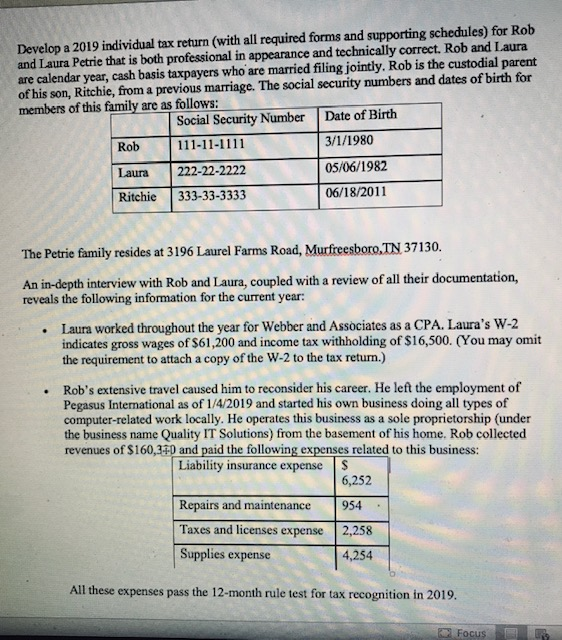  Develop a 2019 individual tax return (with all required forms and