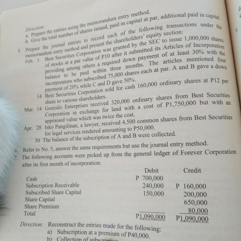 Answer numbers 1-5 with solution and explanation. Thank you. Direction a. Prepare