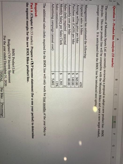  Question 3 - Product line Analysis (33 marks) G H The