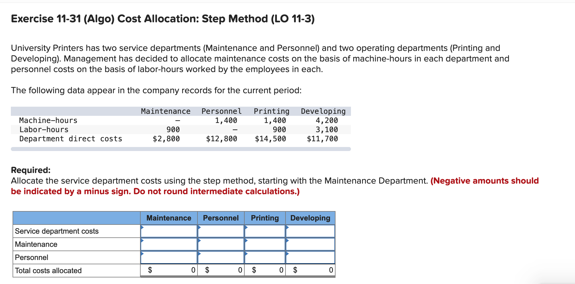  Exercise 11-31 (Algo) Cost Allocation: Step Method (LO 11-3) University Printers