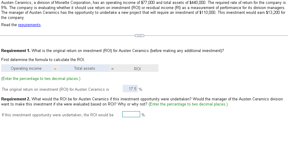  Austen Ceramics, a division of Monette Corporation, has an operating income