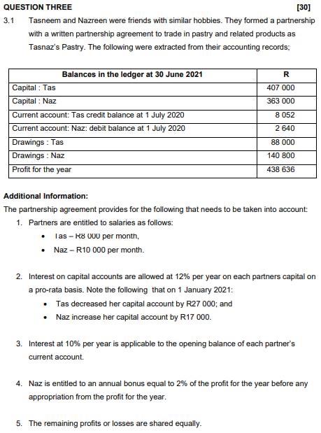 please add in format 3.1 QUESTION THREE [30] Tasneem and Nazreen were