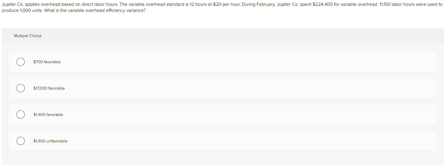 Help Jupiter Co. applies overhead based on direct labor hours. The variable