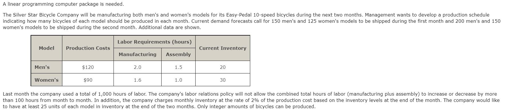  A linear programming computer package is needed. The Silver Star Bicycle