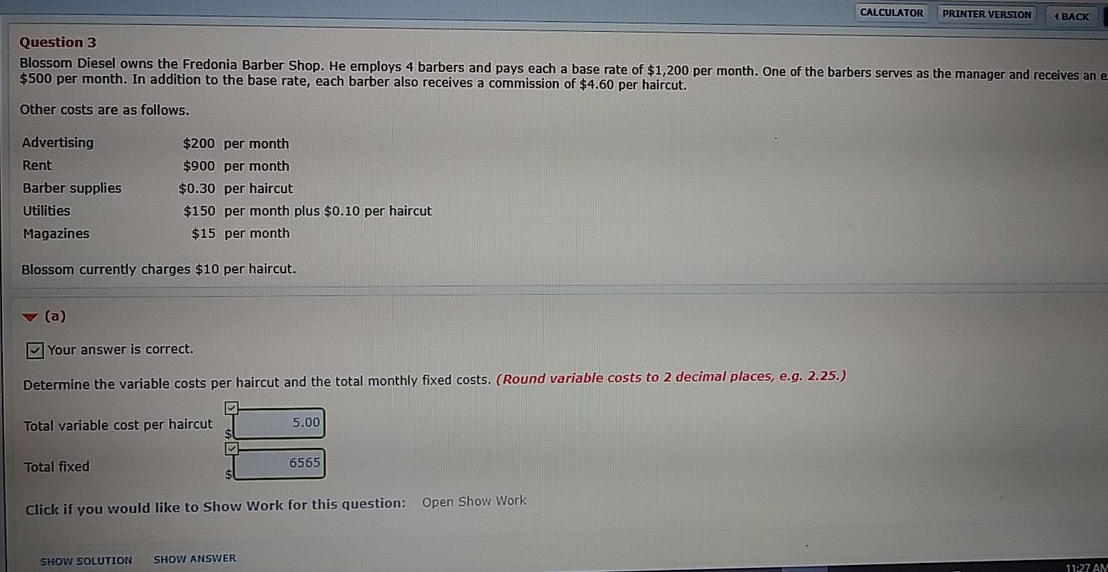 CALCULATOR PRINTER VERSION (BACK Question 3 Blossom Diesel owns the Fredonia
