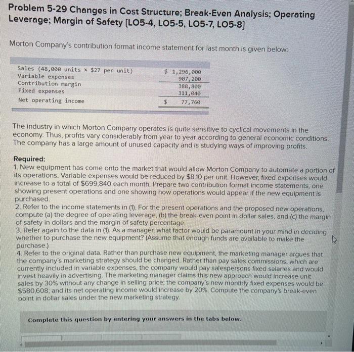  Problem 5-29 Changes in Cost Structure; Break-Even Analysis; Operating Leverage; Margin