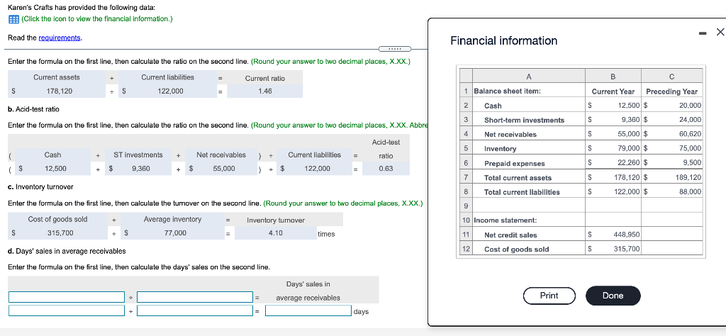 PLEASE COMPLETE D Karen's Crafts has provided the following data: (Click