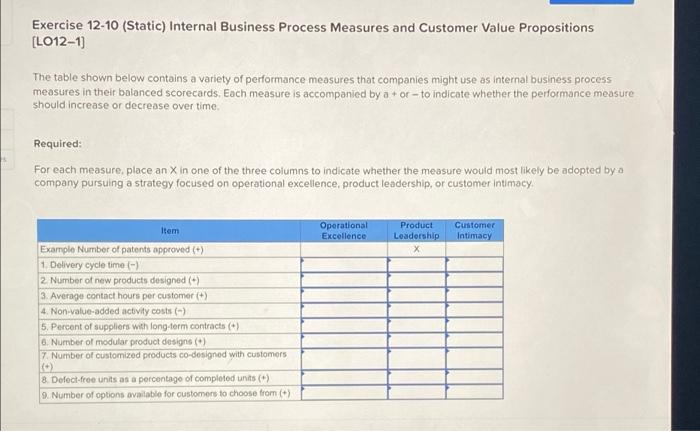 help Exercise 12-10 (Static) Internal Business Process Measures and Customer Value Propositions
