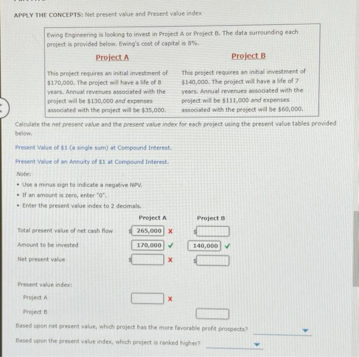  APPLY THE CONCEPTS: Net present value and Present value index Ewing