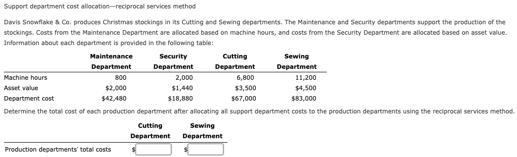  Support department cost allocation-reciprocal services method Davis Snowflake & Co. produces
