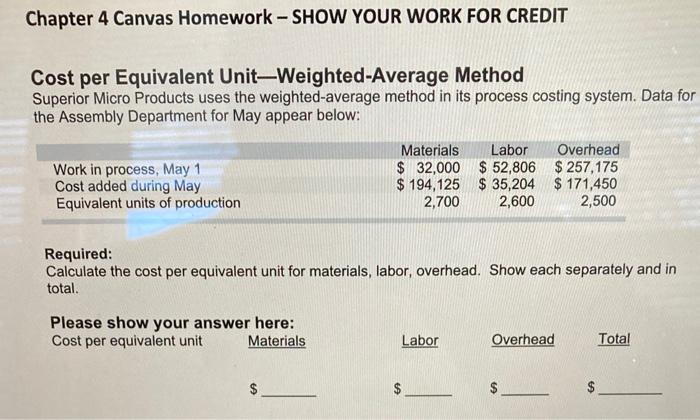  Chapter 4 Canvas Homework - SHOW YOUR WORK FOR CREDIT Cost