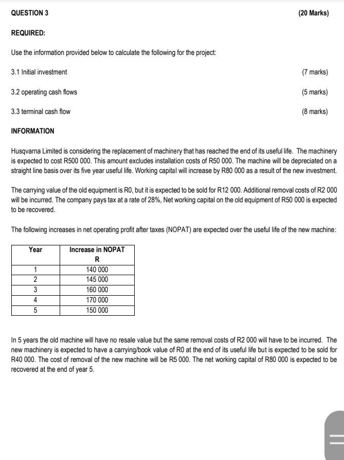  QUESTION 3 (20 Marks) REQUIRED: Use the information provided below to