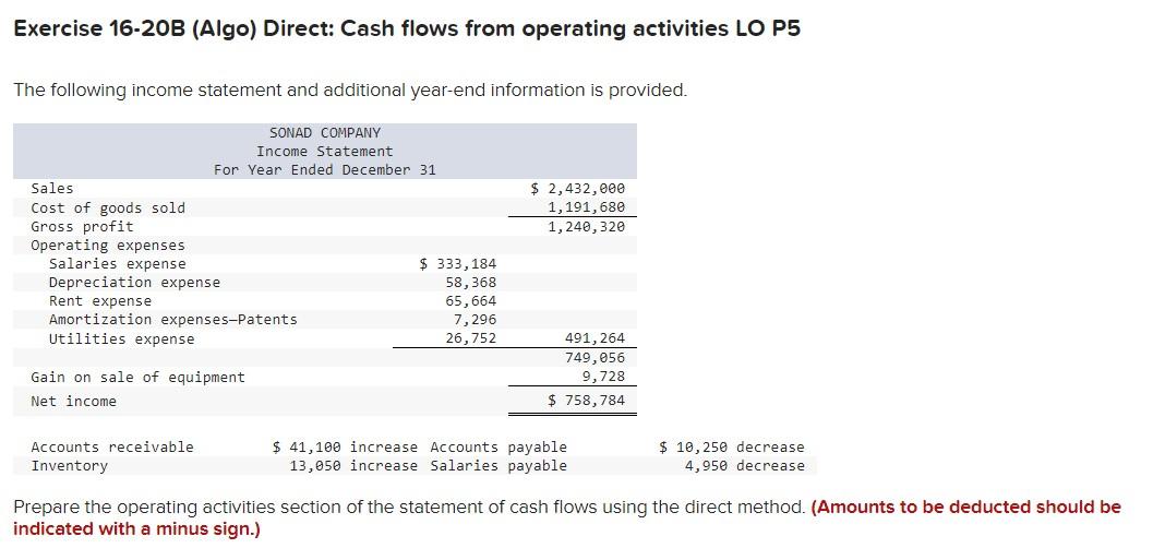 Exercise 16-20B (Algo) Direct: Cash flows from operating activities LO P5