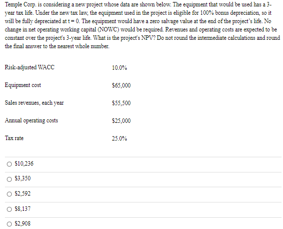 are shown below. Under the new tax law, the equipment used in