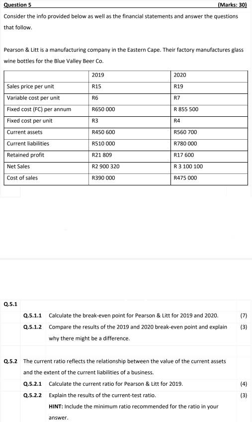  (Marks: 30) Question 5 Consider the info provided below as well