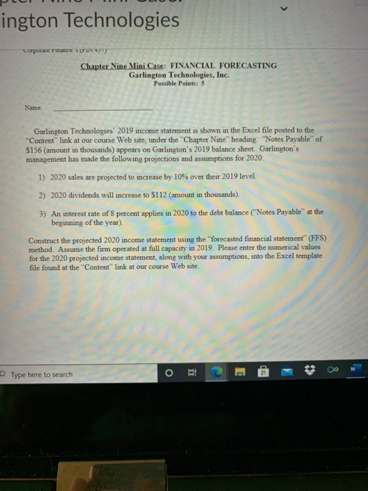  ington Technologies corpo e TIT) Chapter Nine Mini Case: FINANCIAL FORECASTING