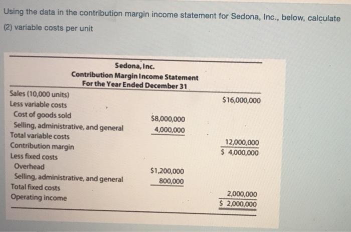  Using the data in the contribution margin income statement for Sedona,