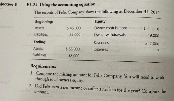 please answer theses questions!!! jective 3 E1-24 Using the accounting equation The