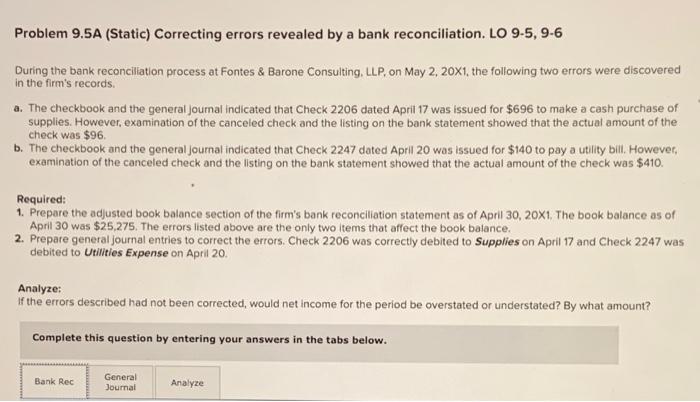  Problem 9.5A (Static) Correcting errors revealed by a bank reconciliation. LO