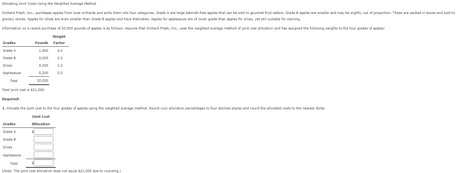 Allocating Joint Costs Using the Weighted Average Method Orchard Fresh, Inc., purchases