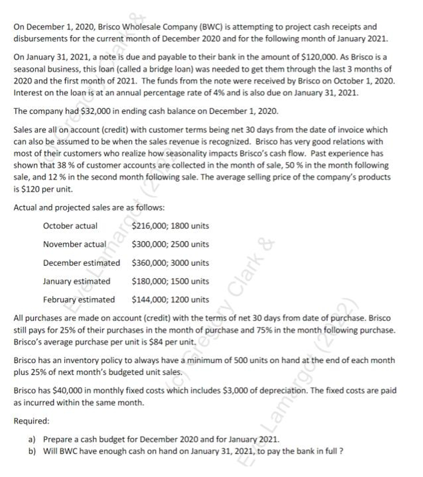  On December 1,2020, Brisco Wholesale Company (BWC) is attempting to project