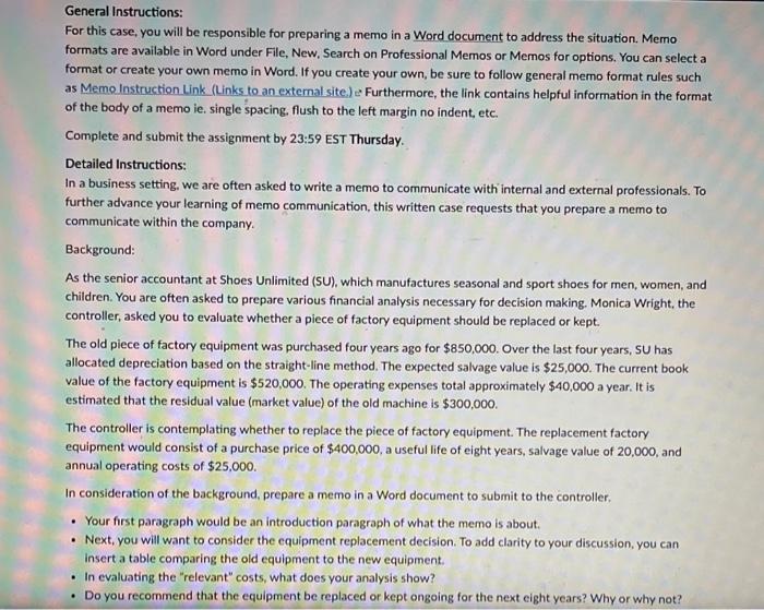  General Instructions: For this case, you will be responsible for preparing