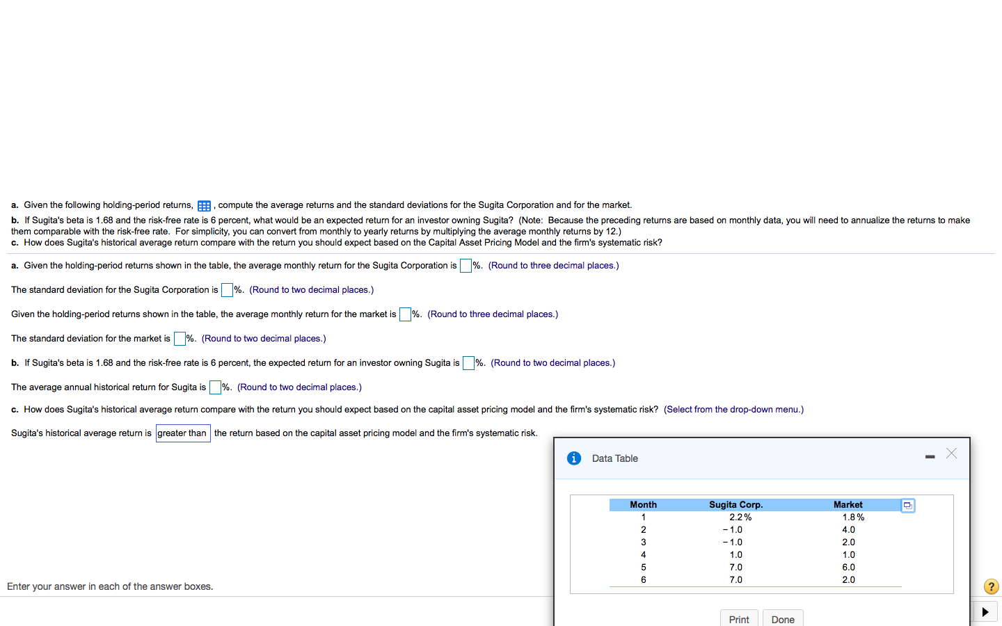 a. Given the following holding-period returns, E, compute the average returns