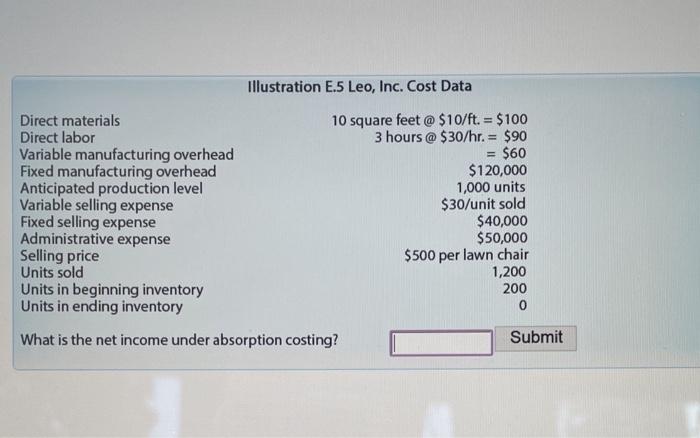  Illustration E.5 Leo, Inc. Cost Data Direct materials 10 square feet