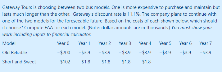 Calculate EAA Gateway Tours is choosing between two bus models. One is