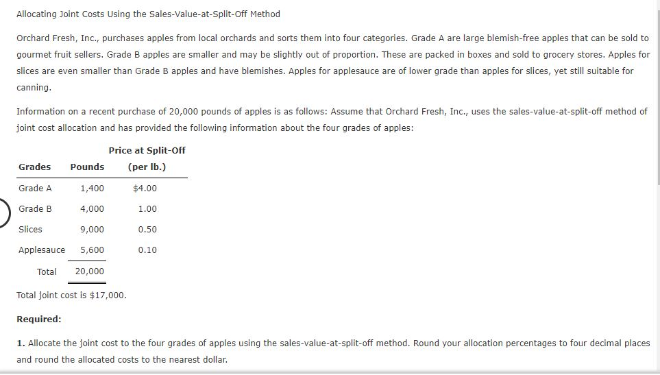 Allocating Joint Costs Using the Sales-Value-at-Split-Off Method Orchard Fresh, Inc., purchases