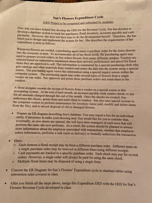  ERD Expenditure cycle for sues flowers with maximum and minimum cardinalities.