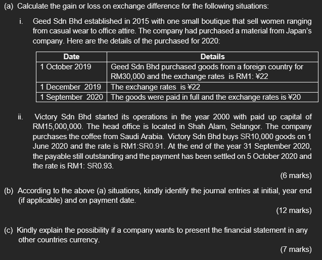 (a) Calculate the gain or loss on exchange difference for the