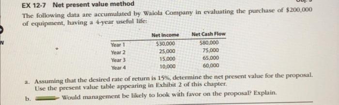  EX 12-7 Net present value method The following data are accumulated