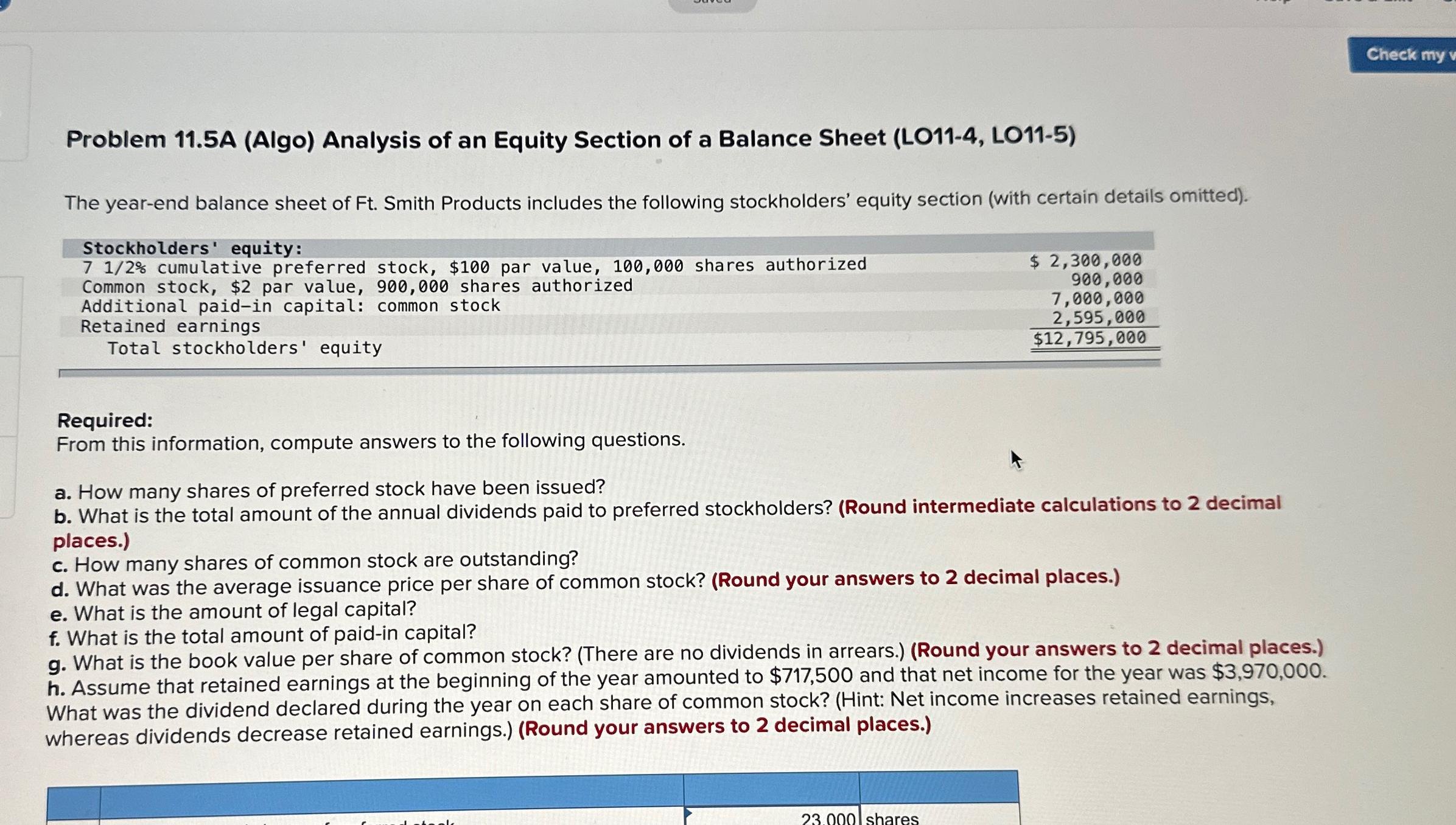  Problem 11.5A (Algo) Analysis of an Equity Section of a Balance