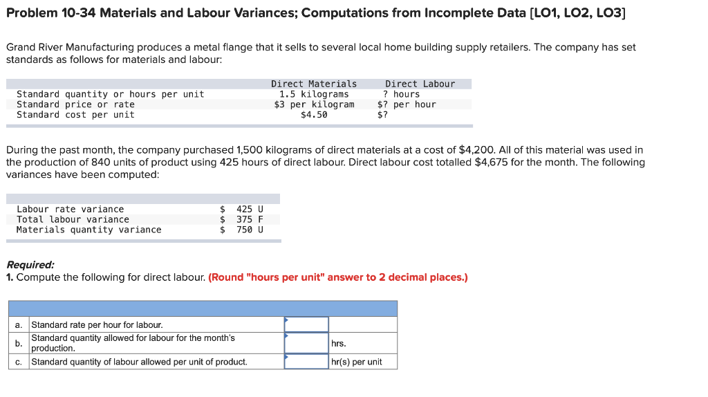  Problem 10-34 Materials and Labour Variances; Computations from Incomplete Data [LO1,
