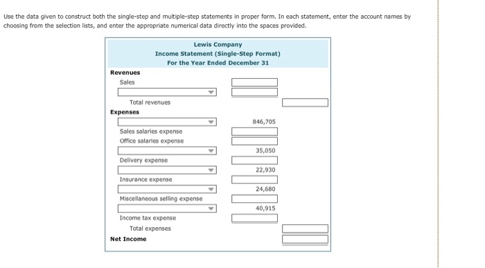 and a multiple-step statement. The single-step income statement emphasizes an organization's total