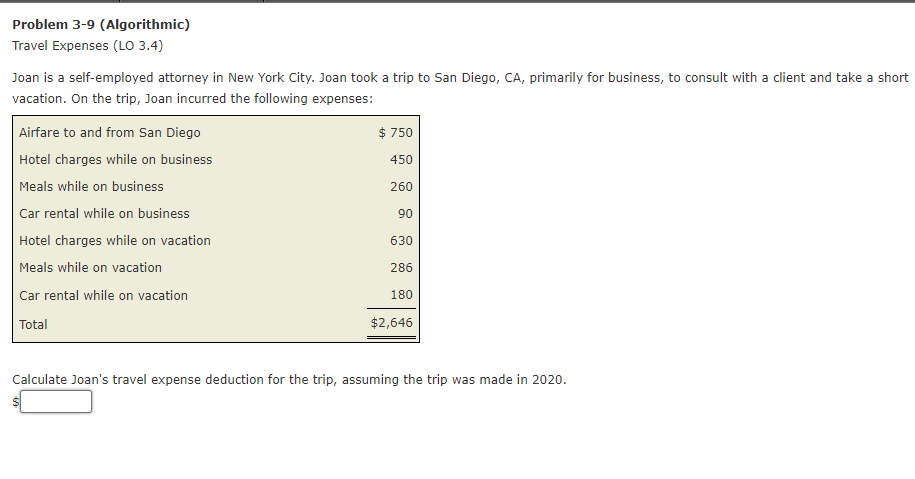  Problem 3-9 (Algorithmic) Travel Expenses (LO 3.4) Joan is a self-employed