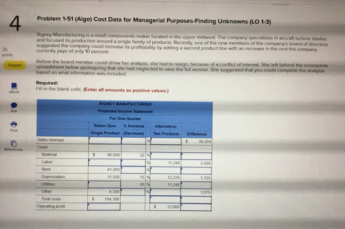  Problem 1-51 (Algo) Cost Data for Managerial Purposes-Finding Unknowns (LO 1-3)