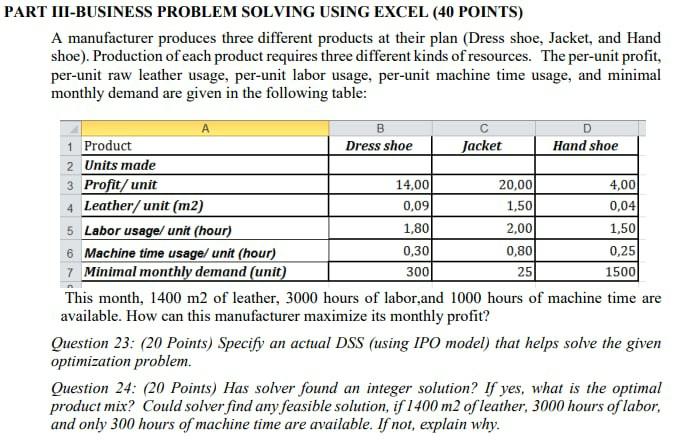  PART III-BUSINESS PROBLEM SOLVING USING EXCEL (40 POINTS) A manufacturer produces