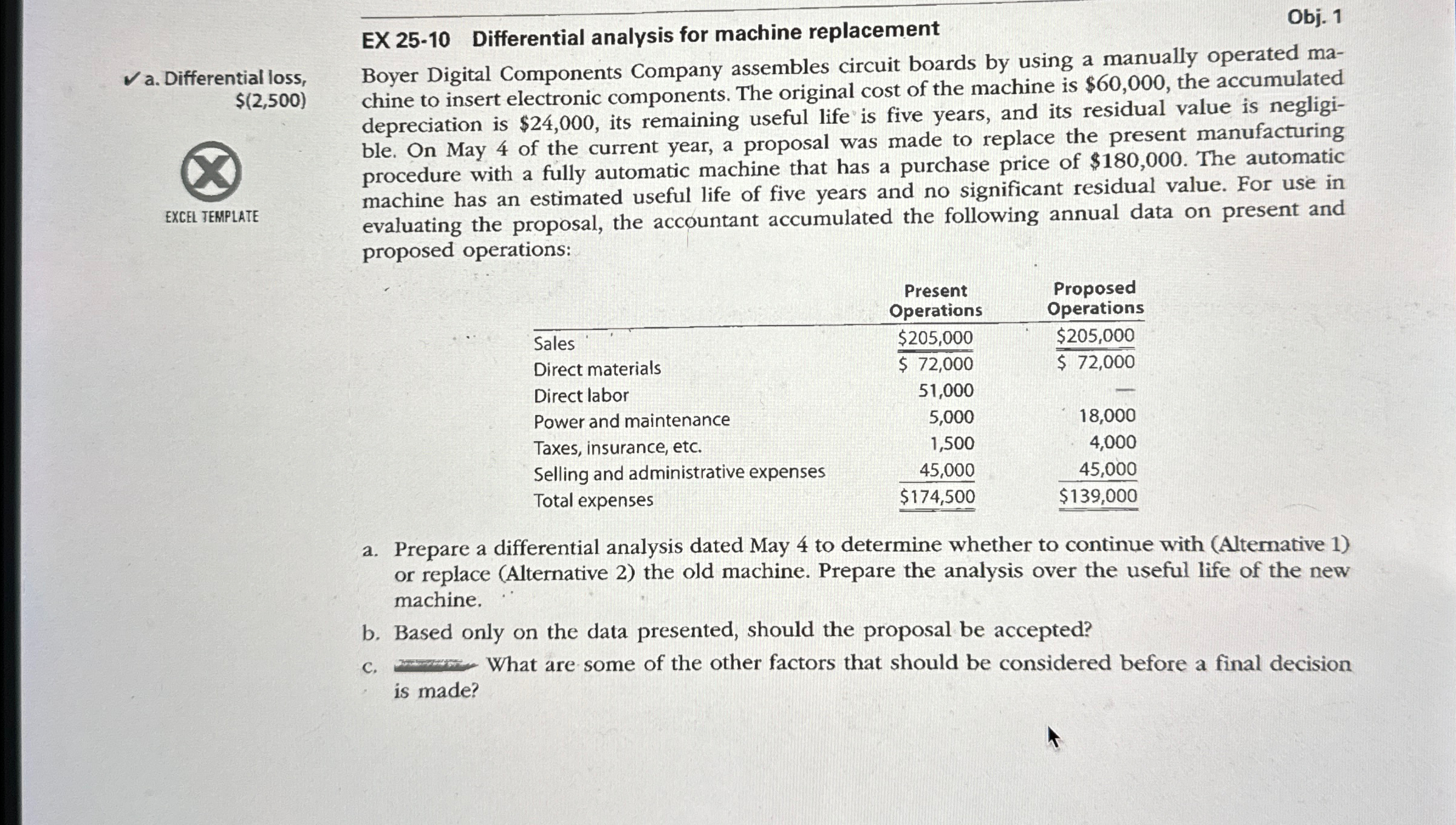  a. Differential loss, $(2,500) EXCEL TEMPLATE EX 25-10 Differential analysis for