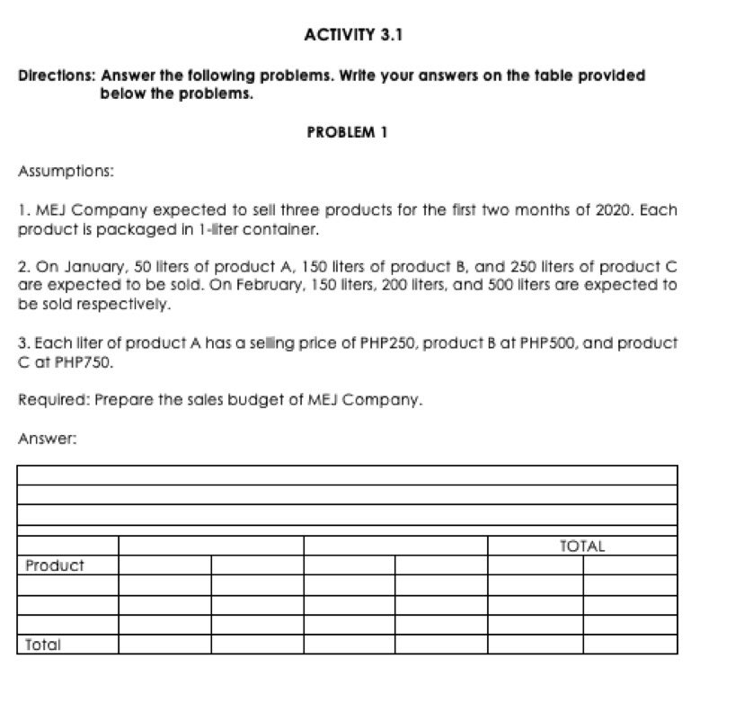  ACTIVITY 3.1 Directions: Answer the following problems. Write your answers on