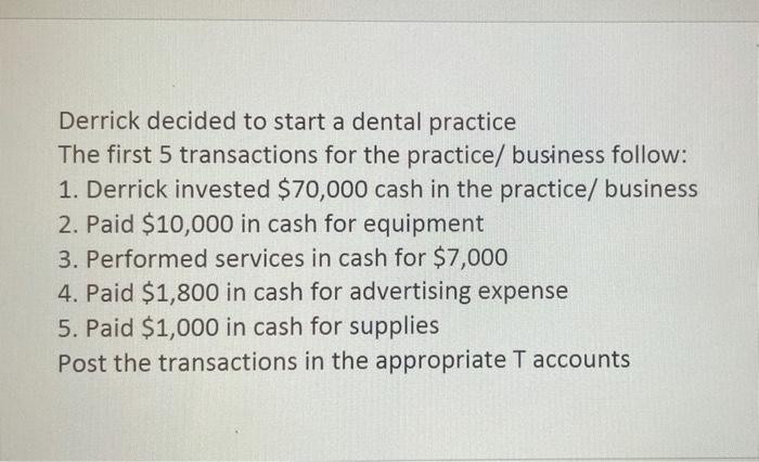  Derrick decided to start a dental practice The first 5 transactions